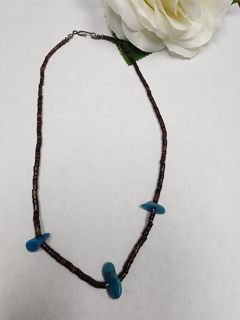 Faux Turquoise Blue & Brown Beaded Necklace 16" Choker